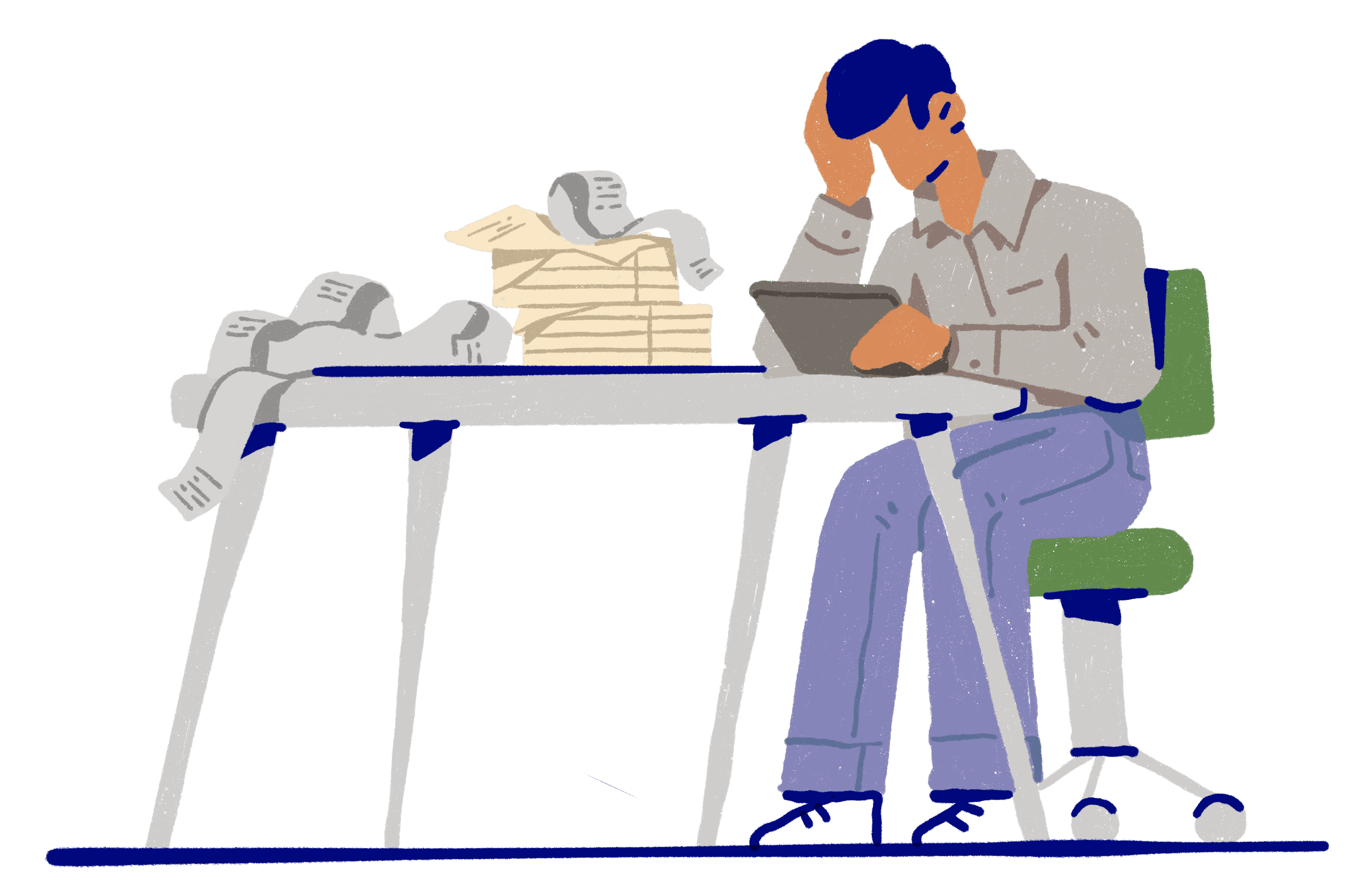 Person sitting at a desk worrying about money 