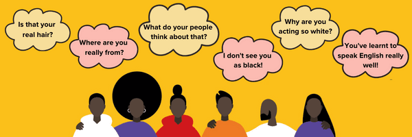 Illustration of black students with speech bubbles showing examples of racial microaggressions