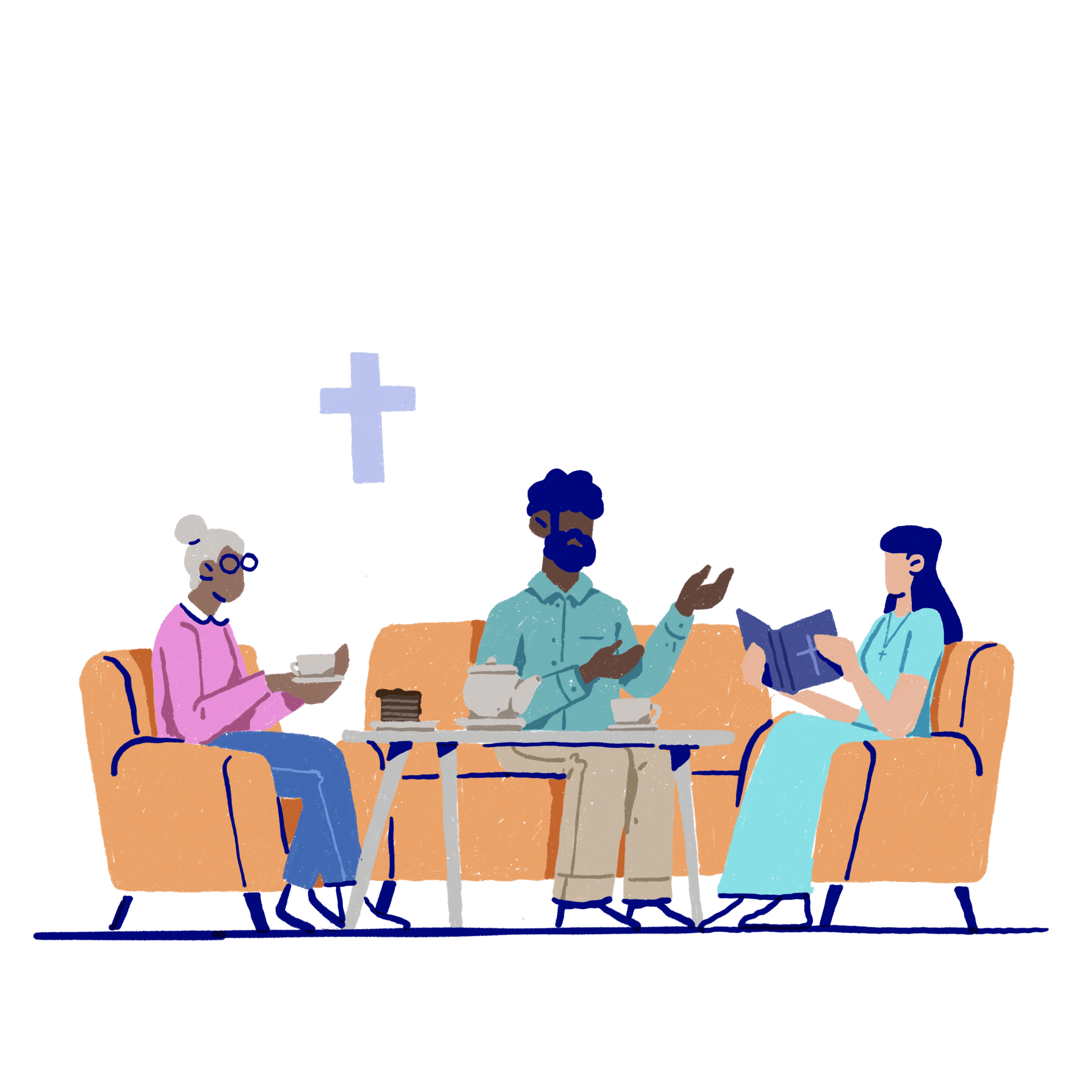 Three people sitting on chairs drinking tea and talking