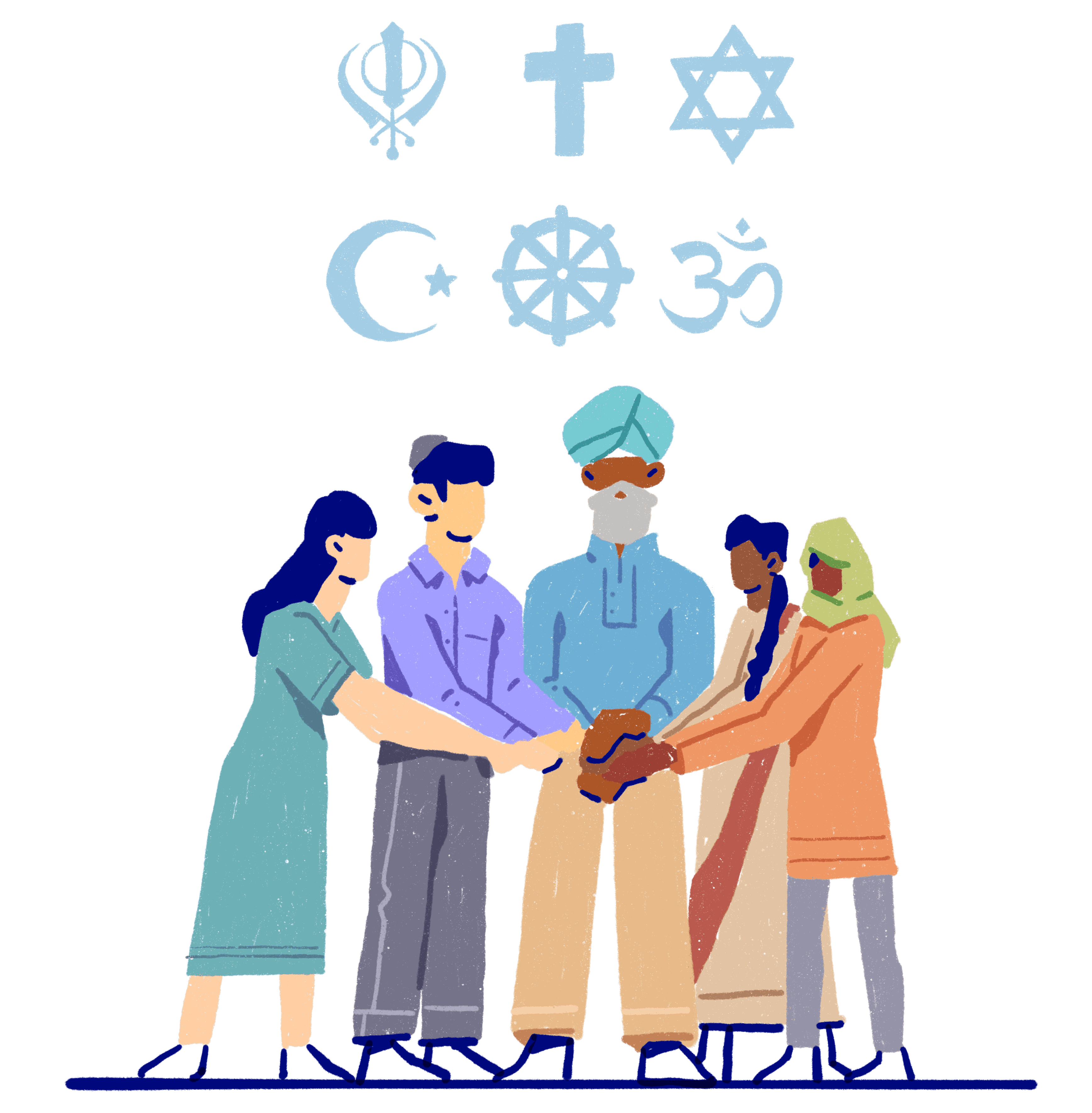 Symbols representing Sikhism, Christianity, Judaism, Islam, Hinduism and Buddhism above a group of people from different faiths linking hands