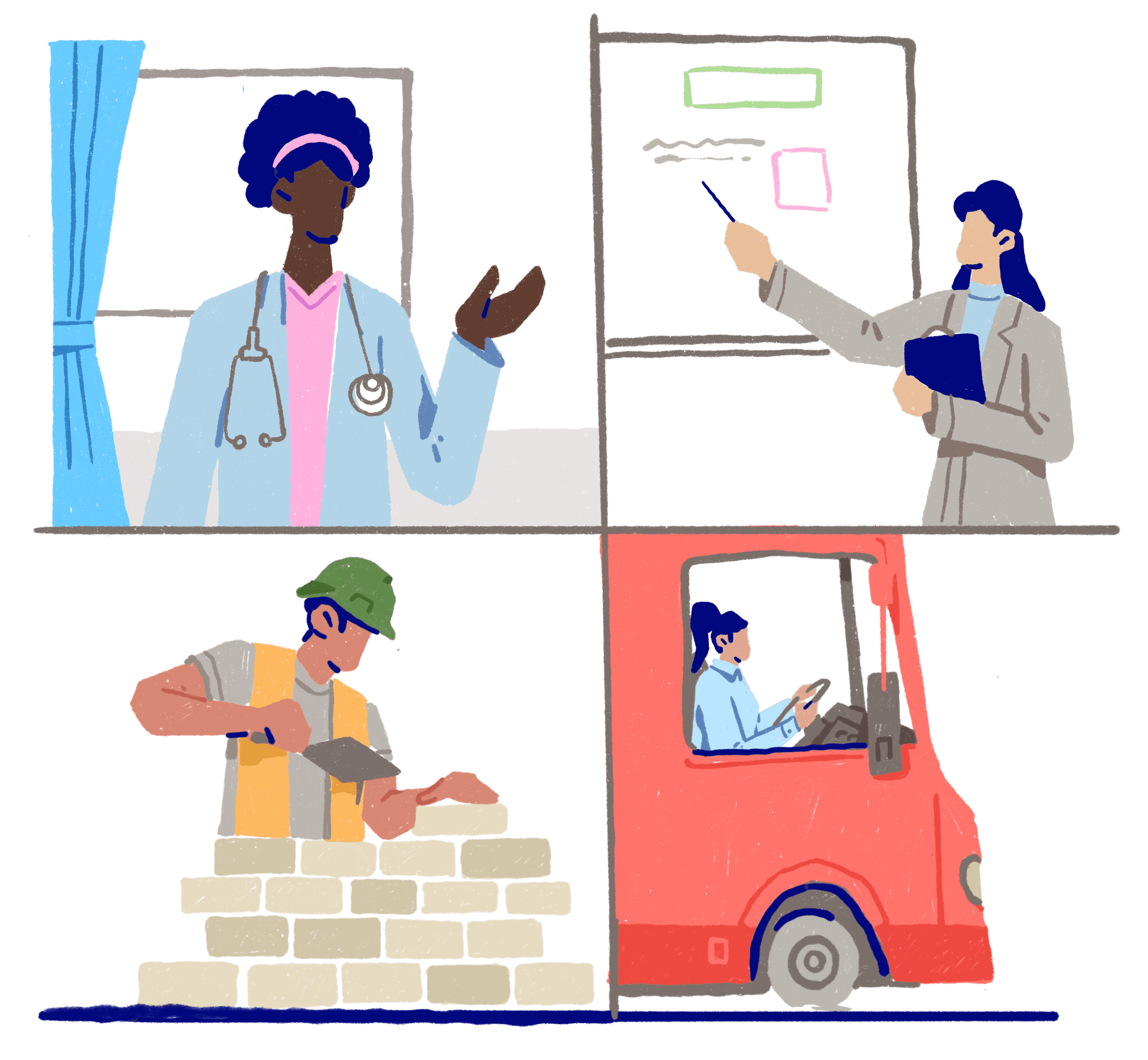 Images of a doctor, someone doing a presentation, a brick-layer and a bus driver