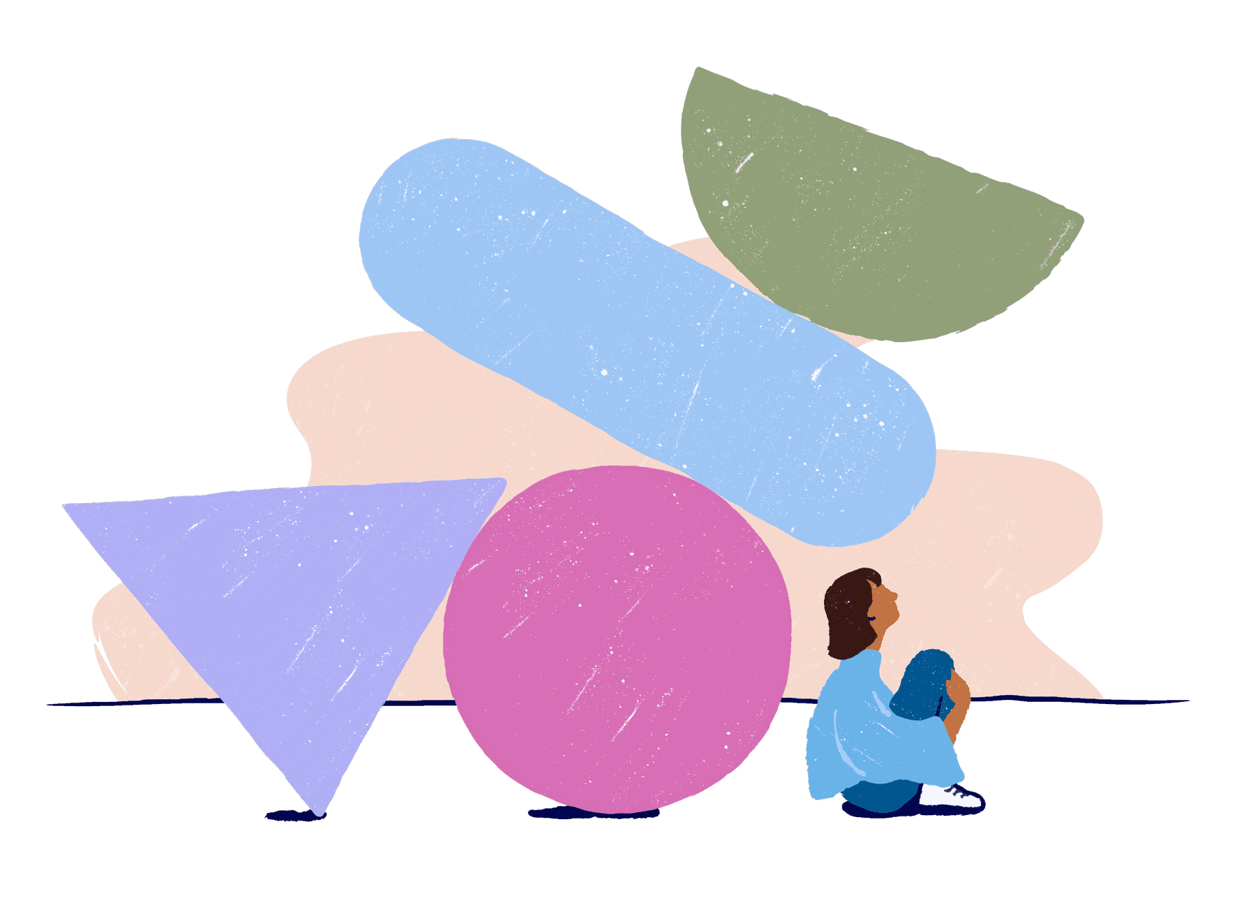 Person sitting under a toppling stack of shapes