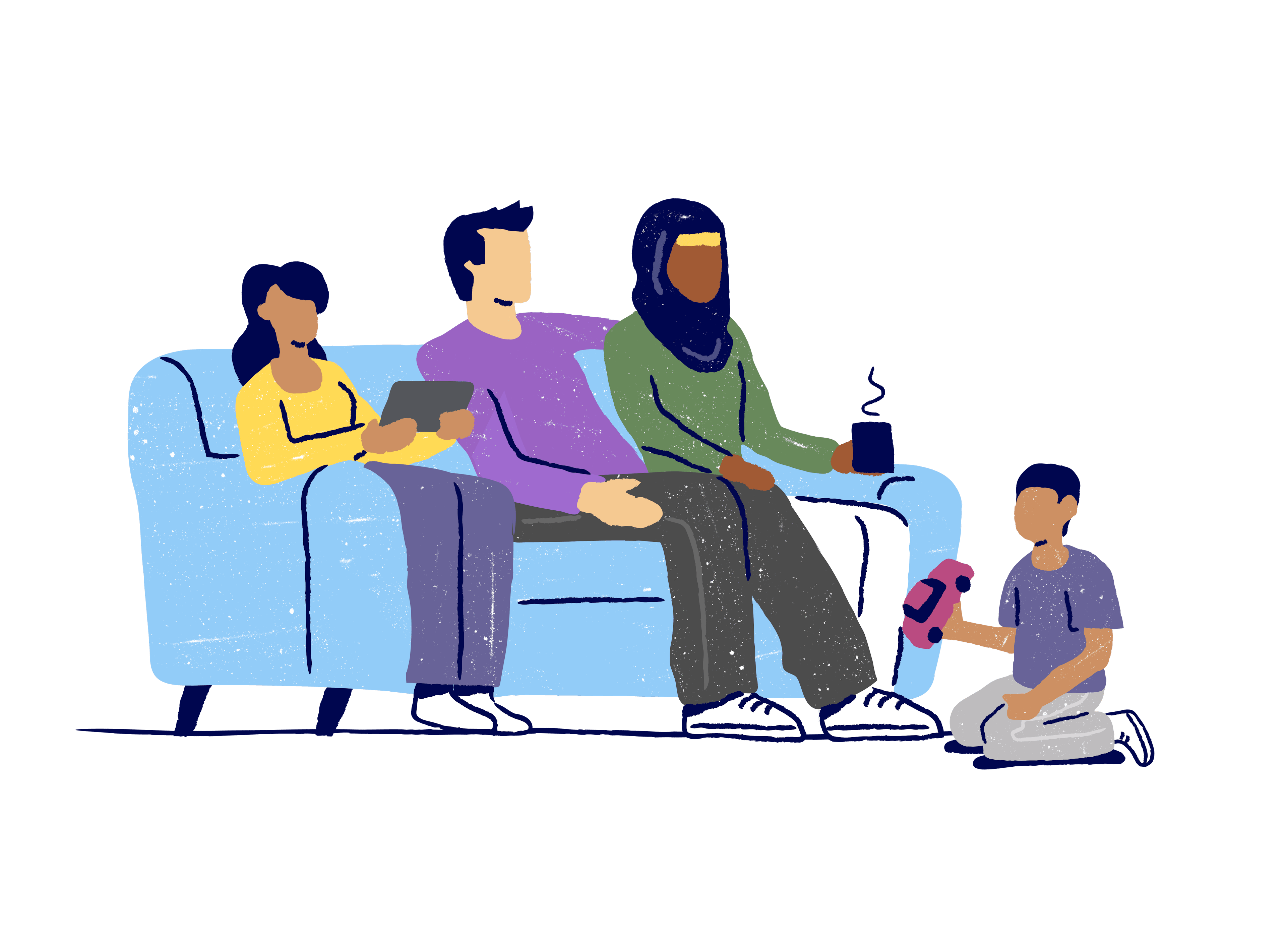 Two adults and two children sitting on sofa together