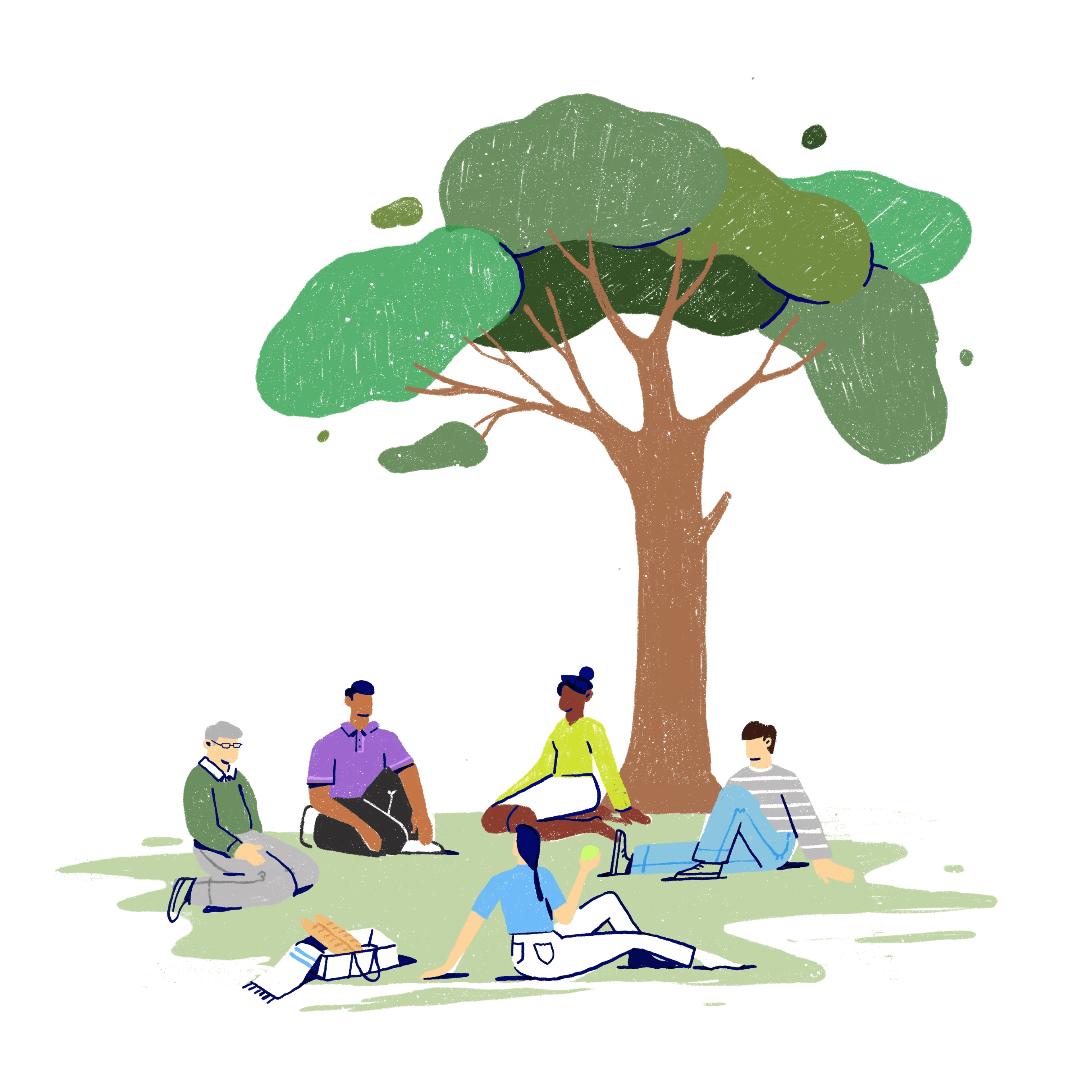 People sat in a group on the grass next to a tree