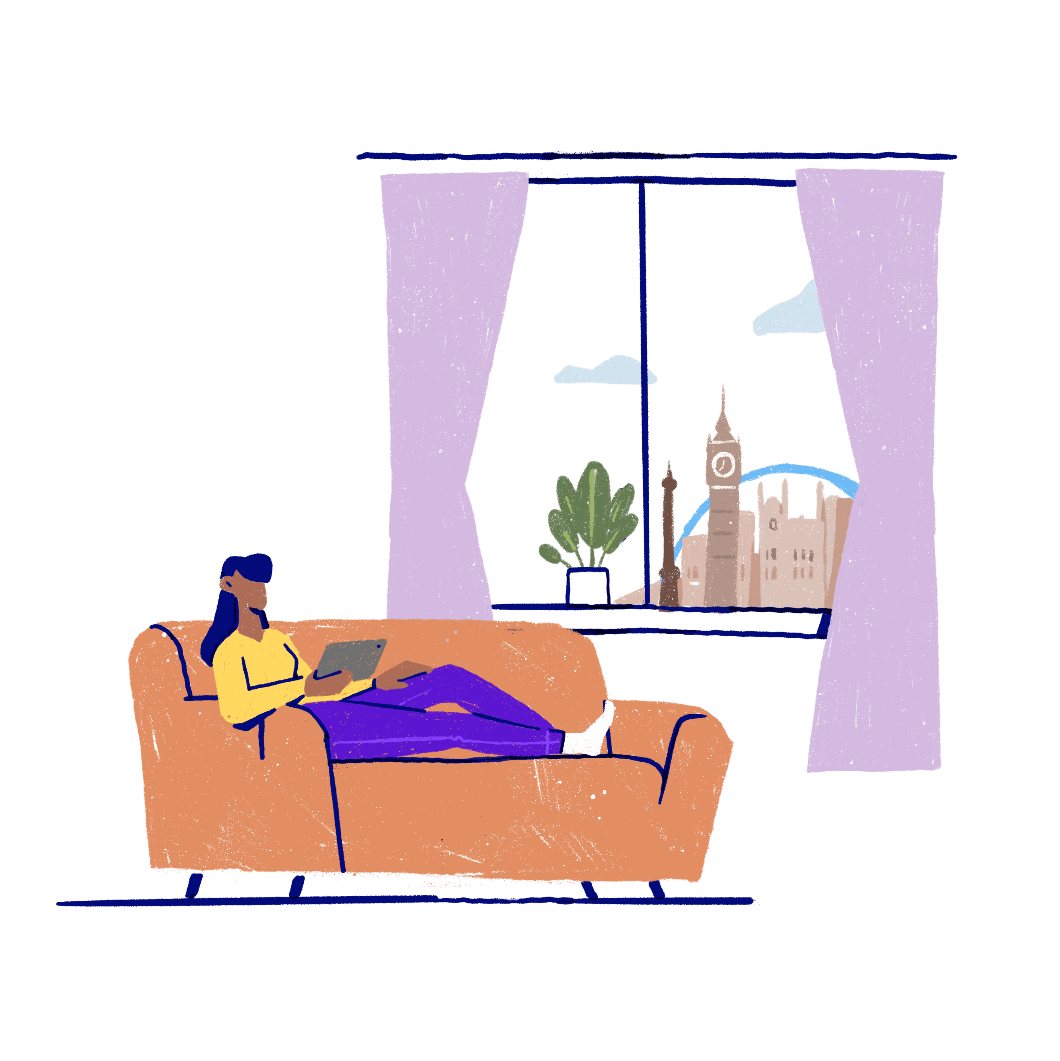 Person sitting on sofa with london skyline in window.png