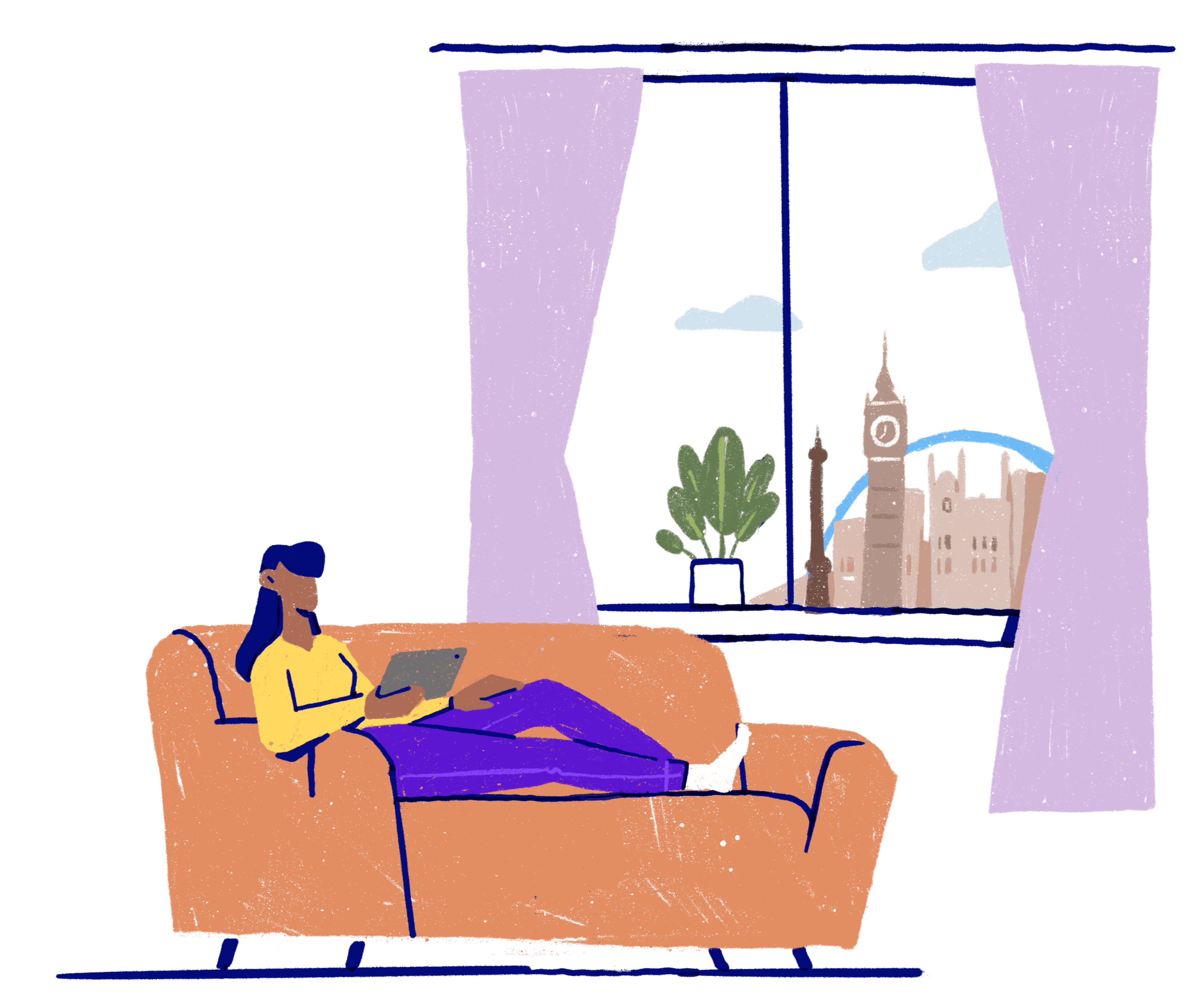 Person sitting on a sofa with the London skyline in window behind them