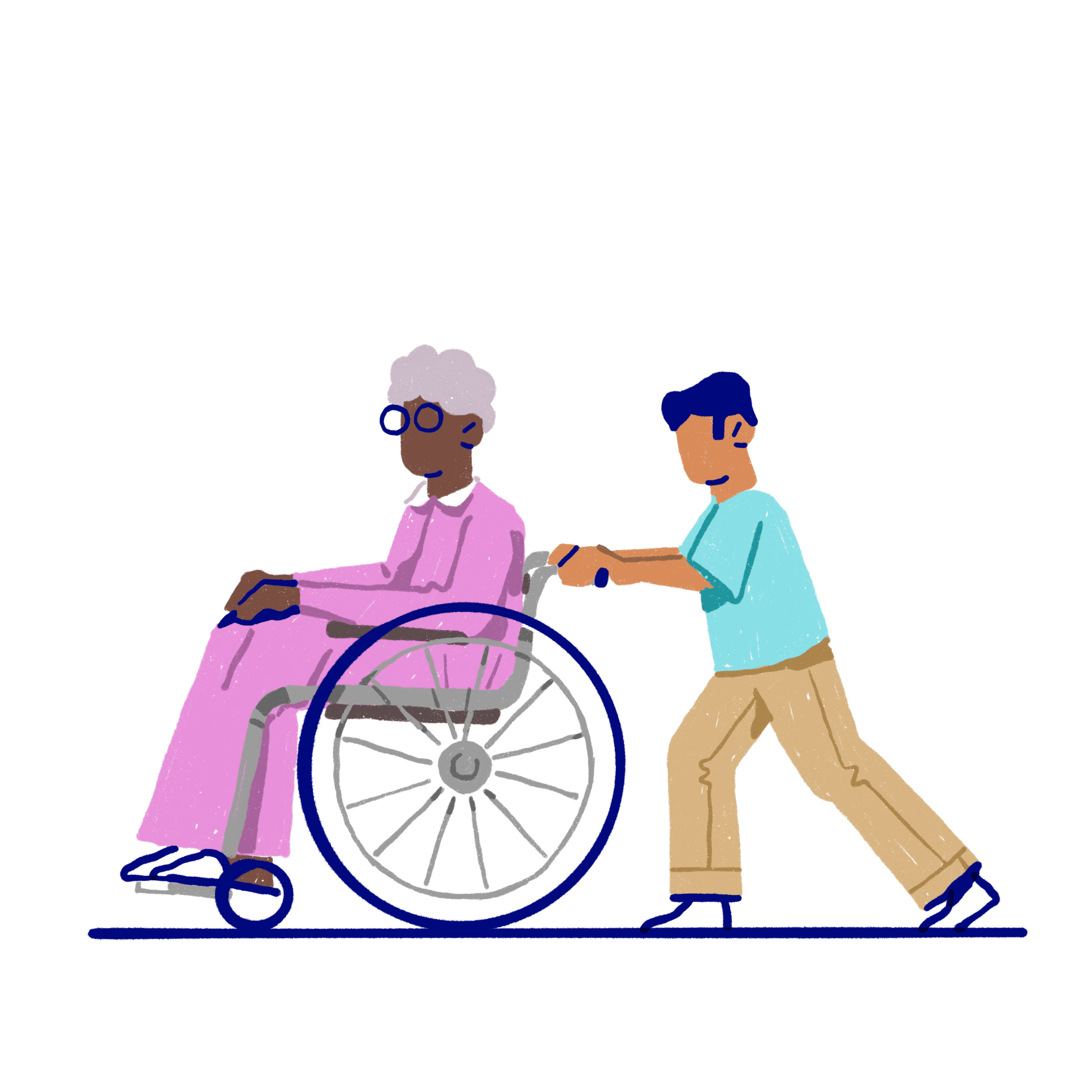 Young person pushing an older person in a wheelchair